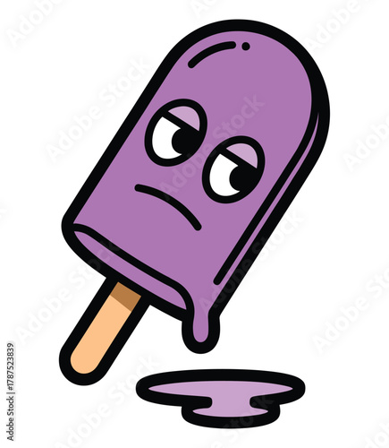 A sad melting popsicle with a purple hue, perfect for illustrating summer heat, disappointment, or a melancholic mood