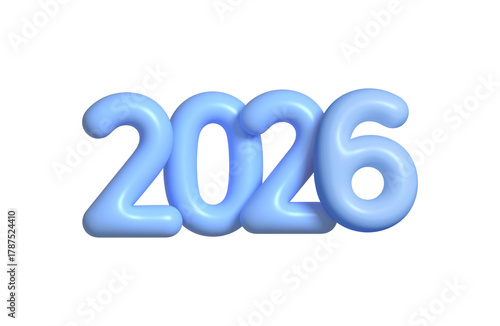 Three-dimensional 3D cartoon illustration, blue color numbers 2026 clipart isolated. New Year, Christmas element. 3d rendering. PNG transparent background