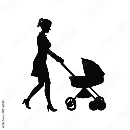 Silhouette of Woman Walking with Baby Stroller Wearing Skirt and High Heels Shoes