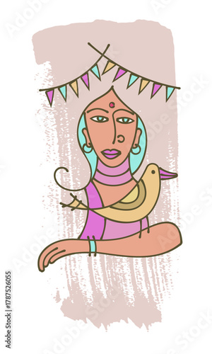 Minimalist Abstract Woman with Bird Illustration – Modern Line Art Portrait with Festive Elements