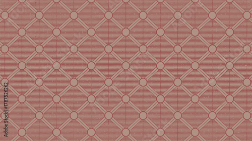 A repetitive pattern of circles connected by diagonal lines on a striped background in muted red tones