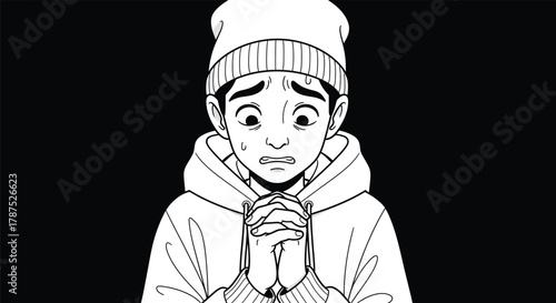 A worried young man in a hoodie and beanie clasps his hands together, his brow furrowed and eyes wide with concern, set against a stark black background, conveying anxiety and apprehension