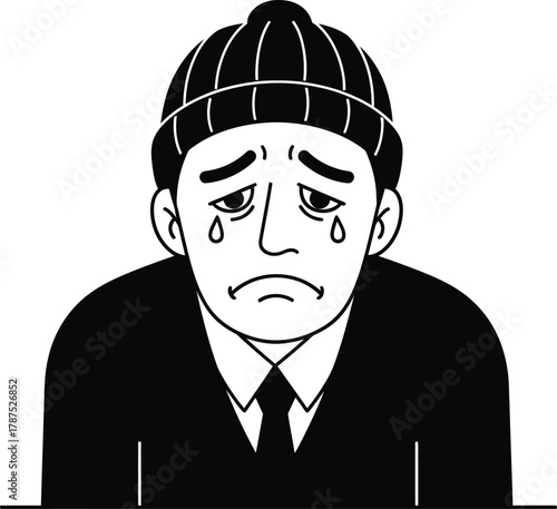 A sad man in a suit and beanie is crying with tears falling from his eyes, he looks depressed and forlorn, with a downturned mouth and furrowed brow, conveying a sense of despair