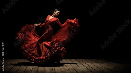 A dancer in red dress twirls, dramatic pose on a wooden stage with darkness