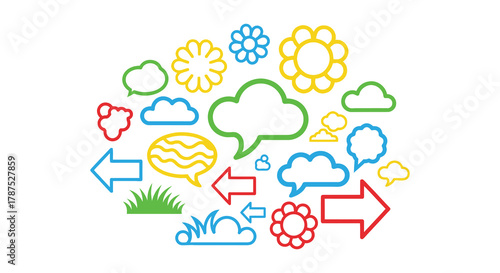 Colorful collection of communication bubbles arrows flowers and clouds in a whimsical arrangement