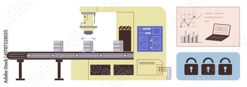 Robotic assembly line placing items on conveyor, display of data charts on laptop, and data security icons. Ideal for automation, manufacturing, technology, productivity, efficiency, analysis