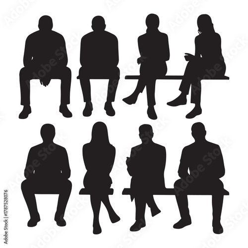 men and 
women and teenagers sitting on bench or chair vector