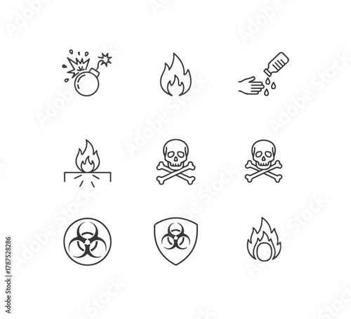 Danger Hazard Icons Symbol Set for Explosive, Toxic, Fire, and Warning Signs for Safety Awareness and Prevention Measures