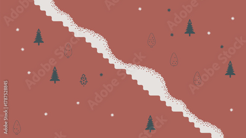 An illustration of a red background with trees, snow, and teardrop shapes scattered throughout the image