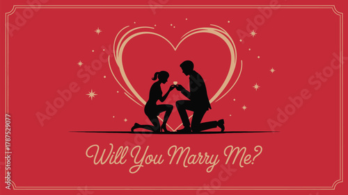 Romantic proposal scene with couple kneeling before a heart shaped background asking Will You Marry Me on valentine's day in elegant red and gold
