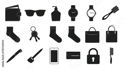 Minimalist black and white icons set of essential everyday personal accessories and common objects