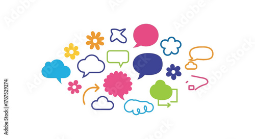 Collection of colorful hand drawn speech bubbles and thought bubbles in various shapes and sizes