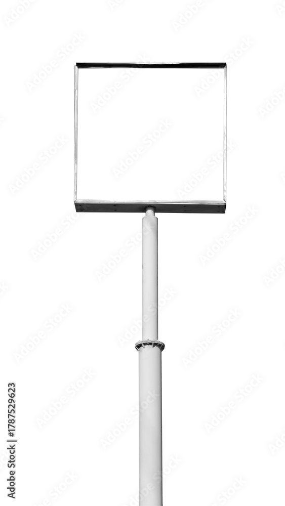 Obraz premium Isolated photograph of blank rectangular billboard or banner frame mounted on tall, cylindrical pole. Billboard features shiny metallic frame around perfectly white empty display area