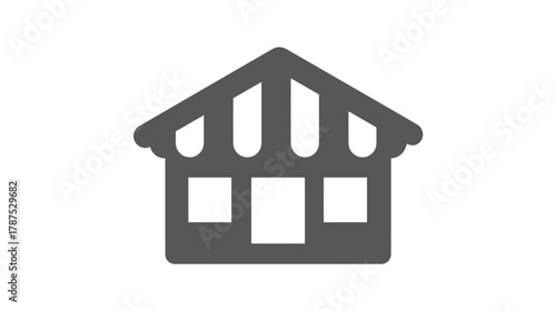 Simple grayscale shop icon with awning, representing retail business, marketplace, or e-commerce store front symbol, graphic design element.