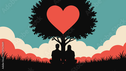 Romantic couple in nature's embrace beneath a love tree, perfect for Valentine's Day greetings or relationship-themed marketing campaigns