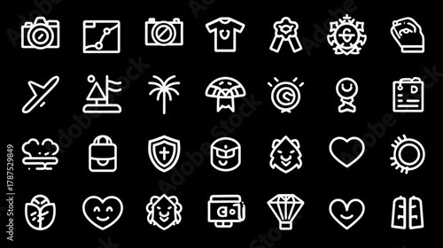 Minimalist white outline icons collection on a black background, featuring diverse symbols for web, UI/UX, and creative design.