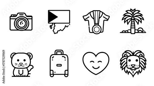 Minimalist Vector Outline Icons Collection for Travel, Wildlife, Photography, Leisure, and Lifestyle Themes