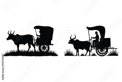 Black silhouette of bullock carts with drivers on white background