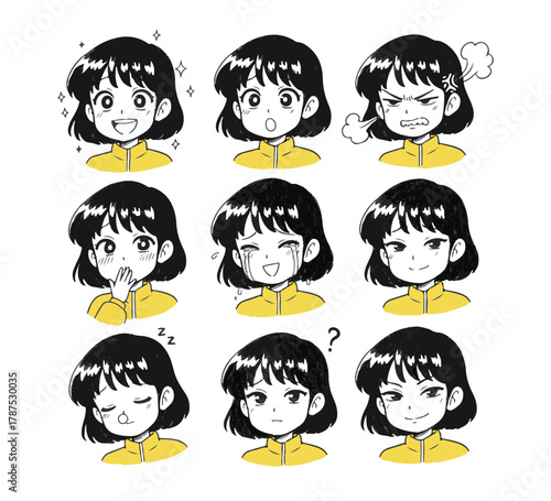 Expressive Anime Girl Emoticons Set Captivating Expressions, Feelings & Unique Emotions of a Manga Character in Cartoon Style