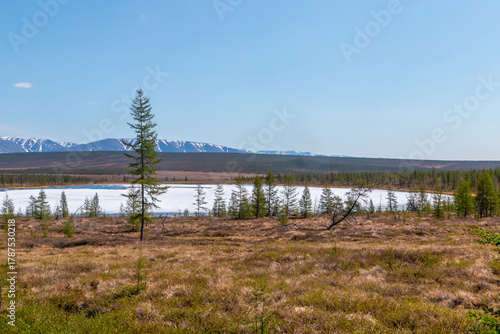 Russia, Magadan Region. Nature of Siberia and the Russian Far East. A small ice-covered lake in the tundra in the area of Lake Malyk.