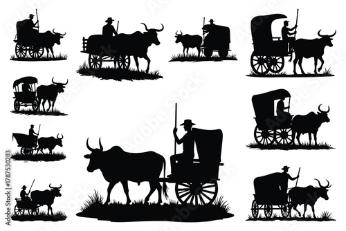 Black silhouettes of ox carts and drivers on white background