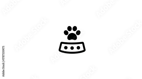 Pet Food Bowl Icon with Paw Print. Outline symbol for animal care, feeding, pets, and veterinary services or products.