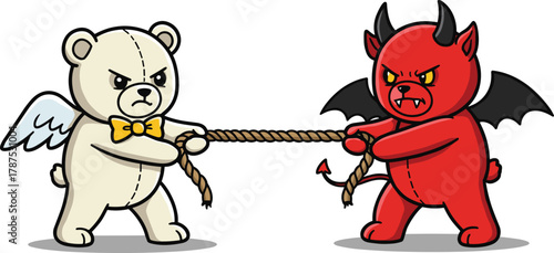 Cartoon angel and devil bears pulling rope in tug-of-war pose, symbolizing good versus evil conflict, perfect for moral concept design