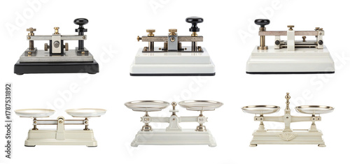 Antique telegraph keys and balance scales