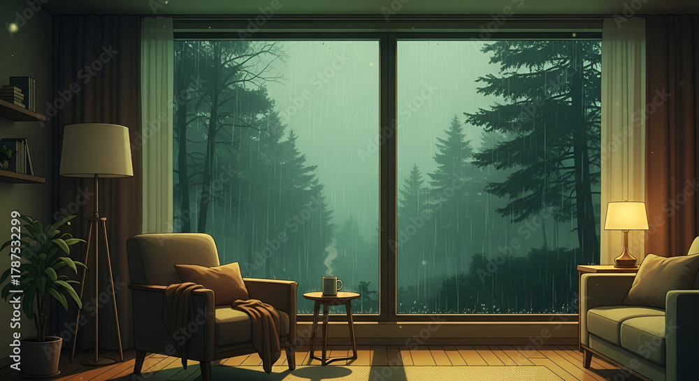 Fototapeta premium Serene interior with rainy forest view bringing calmness and indoor coziness