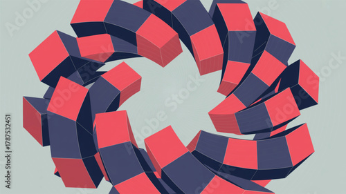 Abstract swirling vortex of red and blue cubes on a light gray background geometric