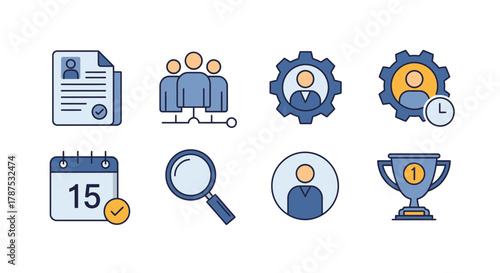 Collection of resume, HR, and career development icons including checklist, people group, gear, calendar, magnifying glass, and trophy