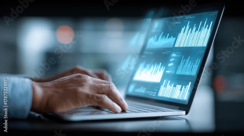 Businessman reviewing digital compliance documents on laptop corporate data management in governance system cybersecurity regulation environment