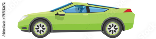 Concept vector illustration of detailed side of a flat green sport car. Can view interior of car with driving man. Isolated white background wide angle view. 