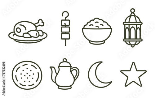 Ramadan celebration icons: lantern, food, crescent moon, star