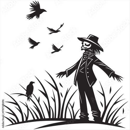 Scarecrow with crows in the field black silhouette spooky halloween vector