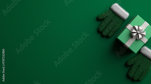 A festive holiday still life featuring a bright green present wrapped with a silver bow and soft green gloves, set against a rich, emerald backdrop.