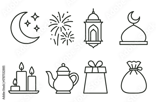 Ramadan and eid symbols: crescent moon, lanterns, gifts, and tea kettle illustrations