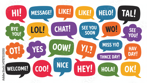 Assortment of Colorful Speech Bubbles with Various Messages and Emojis chat communication