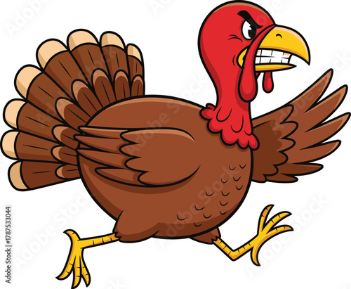 Cartoon angry turkey running with clenched teeth, red head, dynamic pose vector clipart for Thanksgiving, humor, and festive design