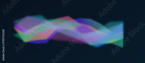 A digital wave of blurred, translucent geometric shapes in vibrant hues of green, purple, and blue overlap and glow against a dark, minimalist background