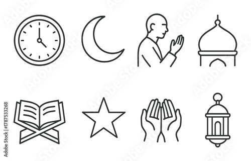 Islamic symbols: clock, crescent, prayer, mosque, quran, star, dua, lantern
