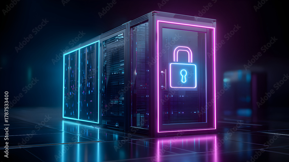 Obraz premium Database server protecting digital data with neon padlock