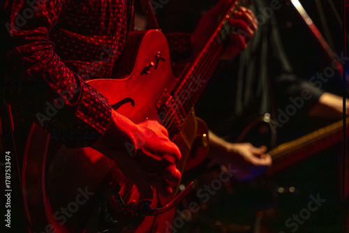Canvas Print Musicians playing electric guitars under red stage lighting during a live performance