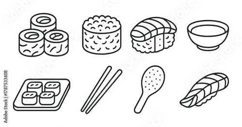 Outline icons of various sushi dishes and utensils on dark background