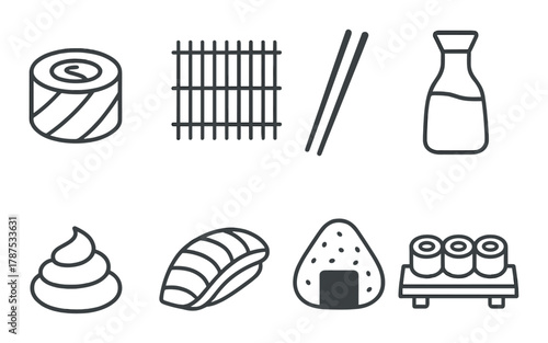 Japanese cuisine icons: sushi, chopsticks, soy sauce, nigiri, onigiri