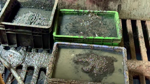 Close-up view of industrial wastewater sludge collected in plastic containers, showing polluted water and sediment from factory waste treatment.