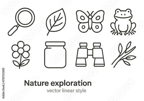 Nature exploration icons: butterfly, frog, leaf, flower, binoculars, magnifying glass