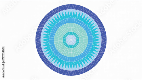 Blue and green concentric circles with triangular patterns on white background 