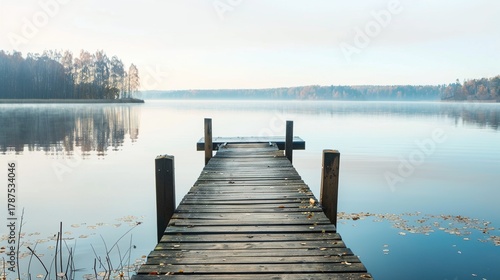 Wallpaper Mural wooden pier, lake, serene, landscape, nature, travel, calm lake, wooden dock, pier, lakeside, scenery, panoramic, season, sunrise, sunset, fog, mist, autumn, summer, spring, winter, water reflection,  Torontodigital.ca