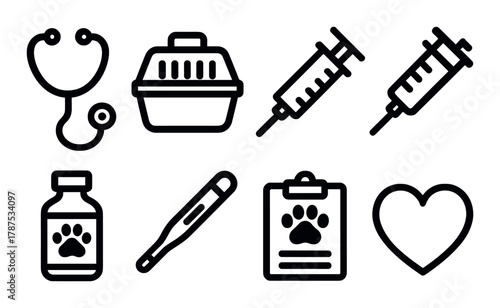 Veterinary icons: stethoscope, carrier, syringes, vaccine, thermometer, clipboard, heart